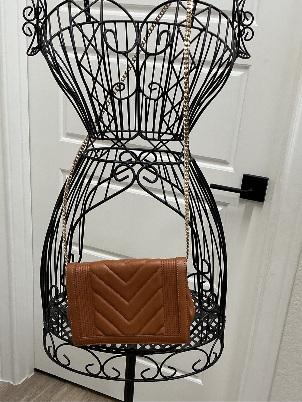 Brown Quilted Chevron Crossbody Bag with Gold Chain Strap-Express